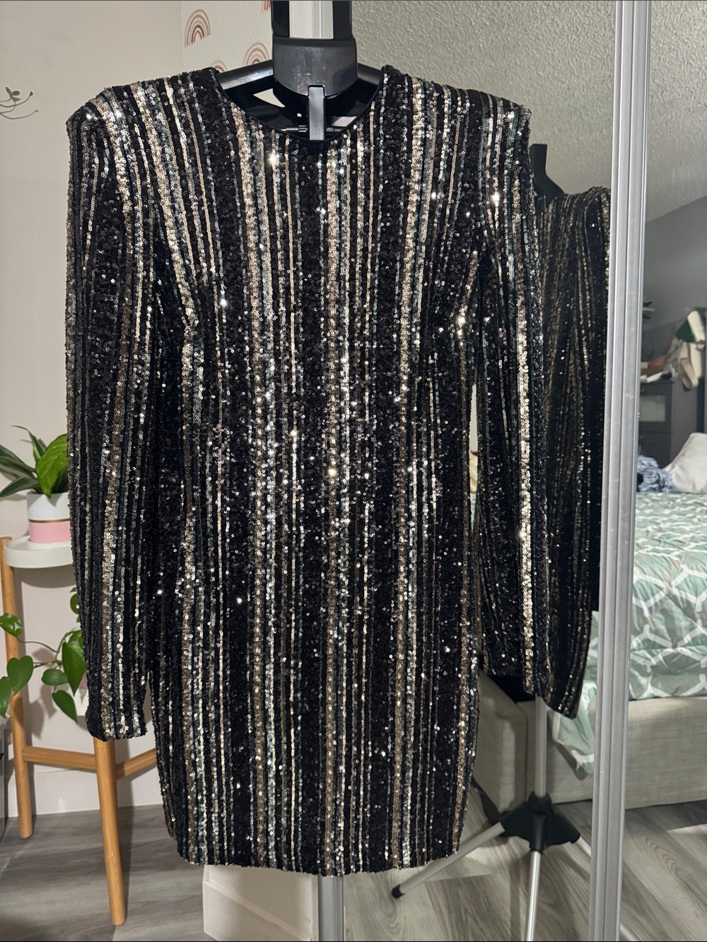 Aqua Black and Silver Sequin Stripe Mini Dress
